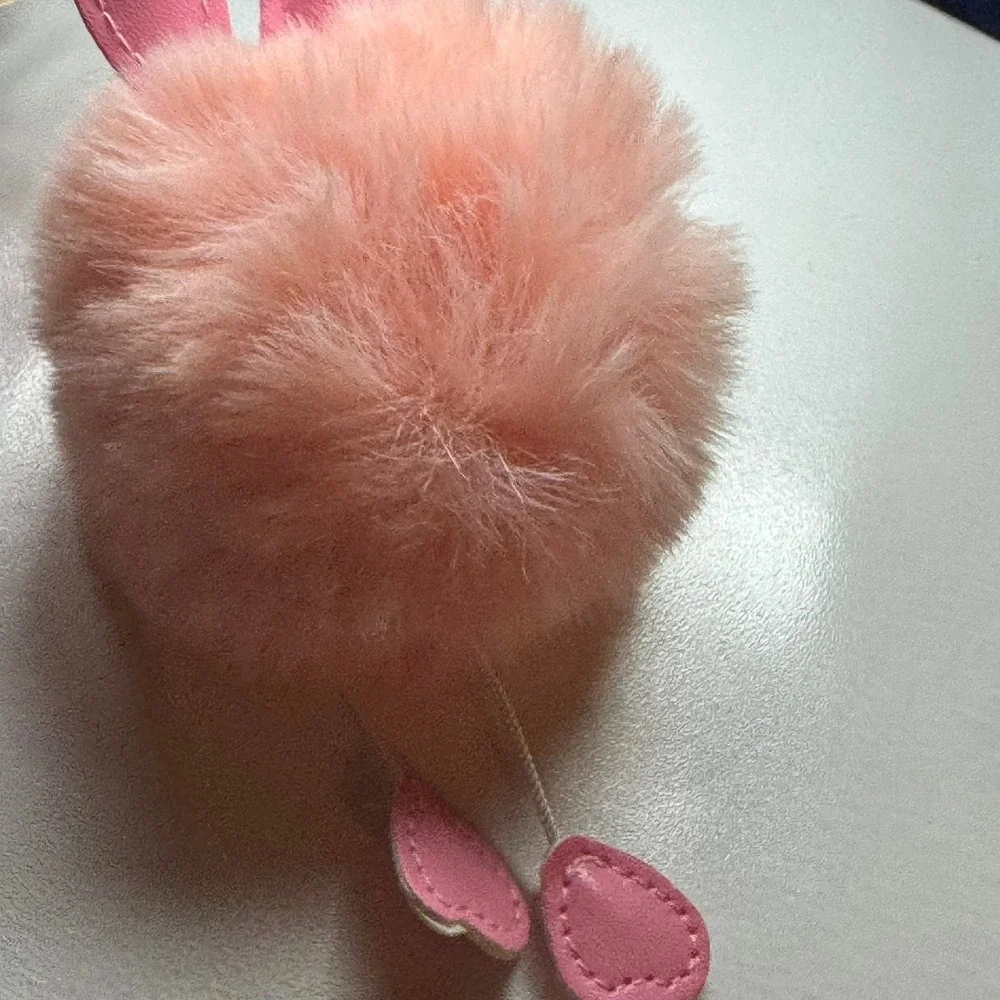 Pink Flamingo Pom Pom Faux Fur Keychain Bag Charm Gold Tone Ring‎